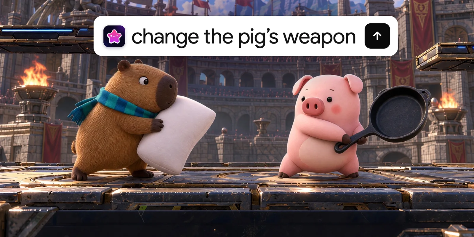 The same Astrocade game after the prompt "change the pig's weapon": the pig now holds a frying pan