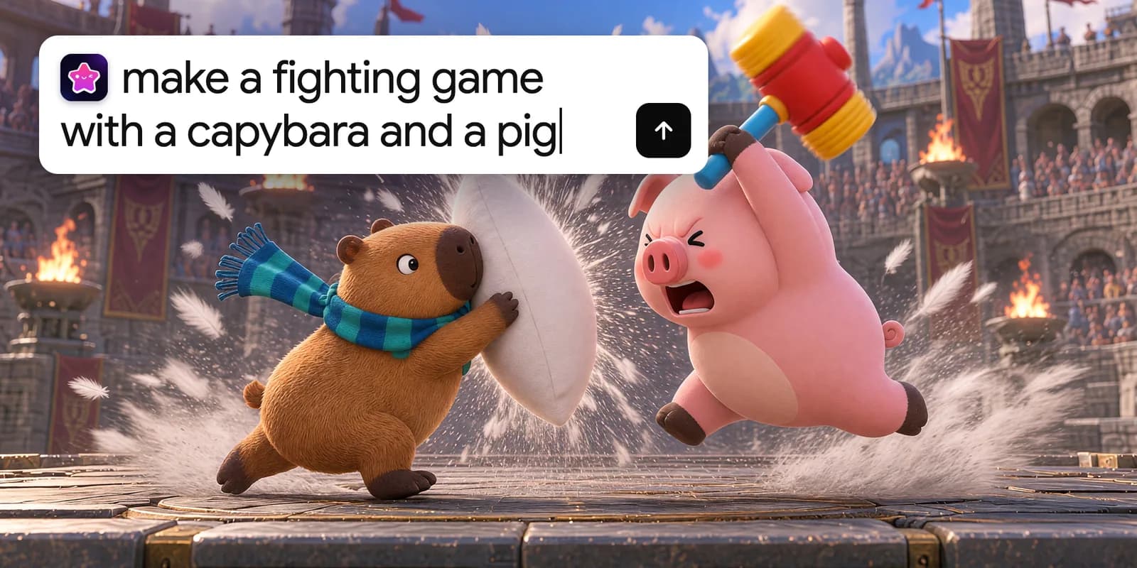 A prompt in an AI agent reads "make a fighting game with a capybara and a pig" over the finished Astrocade game