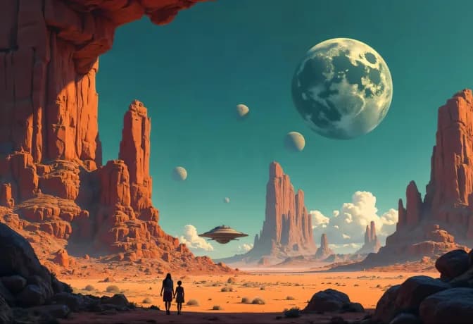 AI-created space game world with red rocks and planets in sky