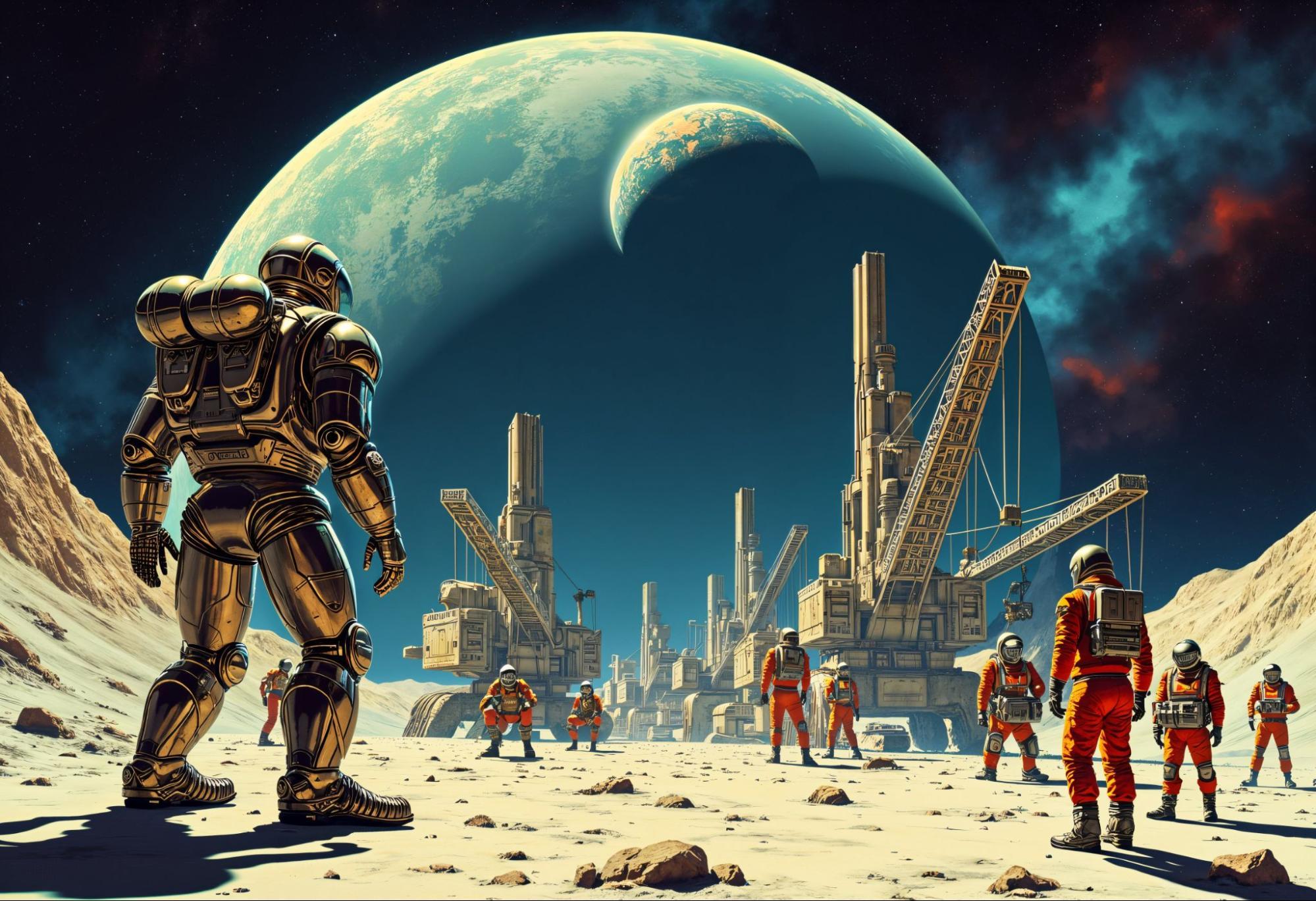 Astronauts building futuristic base in AI space game